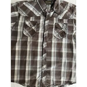 Red Snap Western Shirt Mens Brown Plaid Pearl Snap Pockets Short Sleeve XXL